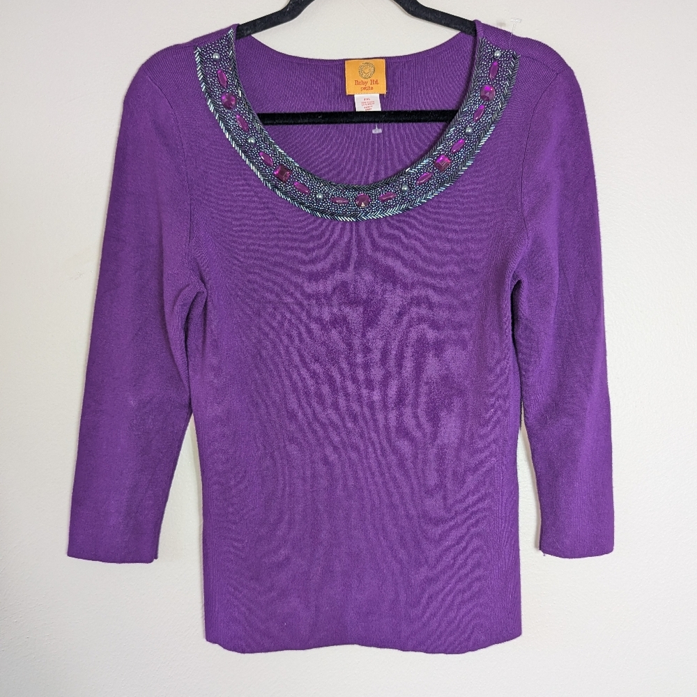 PXL Ruby Rd. Petite Purple Embellished Neck Sweater